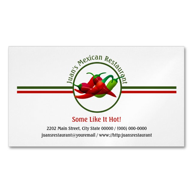 Mexican Restaurant Hot Peppers Logo Custom Magnetic Business Card (Front)