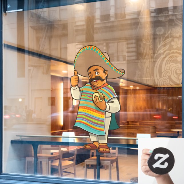 Mexican Restaurant Man With Taco Thumbs Up Window Cling (Cafe Window)