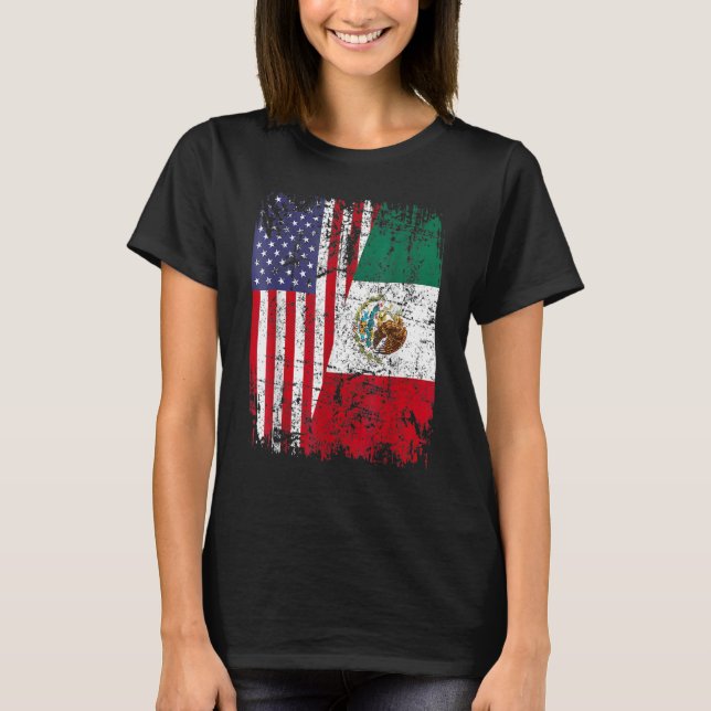 MEXICAN ROOTS Half American Flag MEXICO T-Shirt (Front)