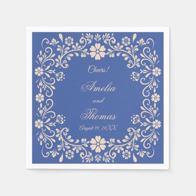 Mexican Rustic Blue Flowers Wedding  Napkin (Front)