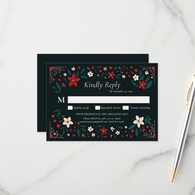 Mexican Rustic Elegant Christmas Red Wedding RSVP (Front/Back In Situ)