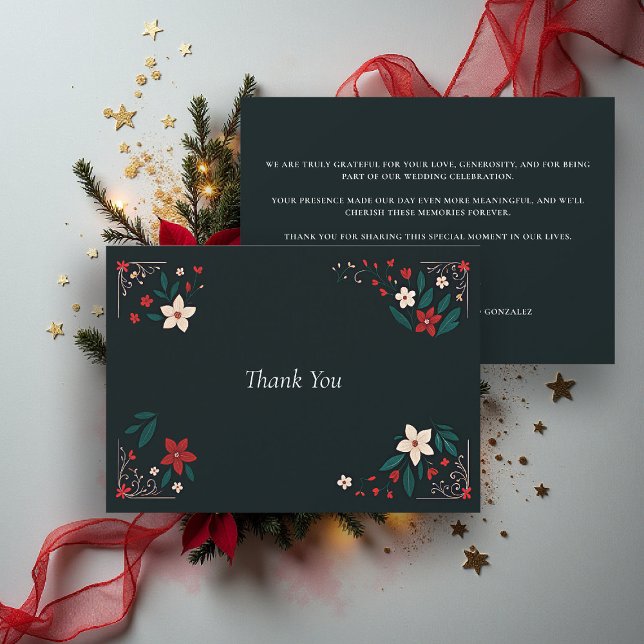 Mexican Rustic Elegant Christmas Red Wedding Thank You Card (mexican wedding thank you card christmas theme floral botanical frame poinsettias red white black)