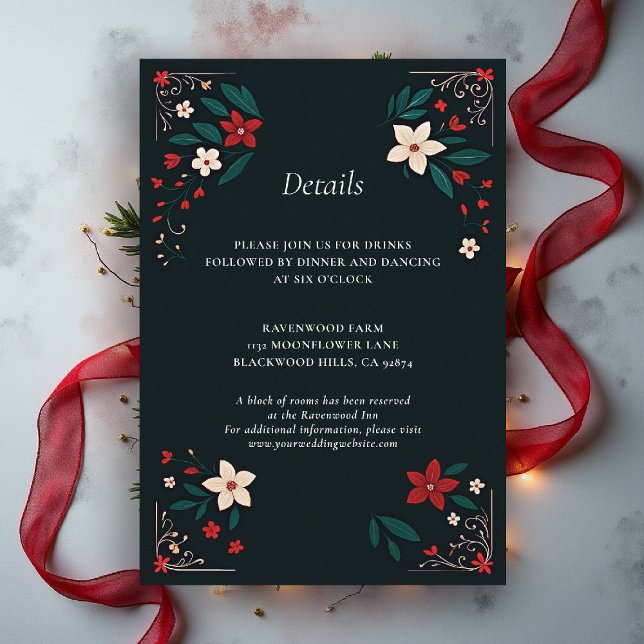 Mexican Rustic Elegant Christmas Wedding Details Enclosure Card (mexican wedding details card christmas theme floral botanical frame poinsettias red white black)