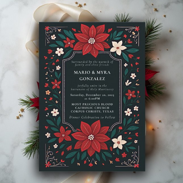 Mexican Rustic Elegant Floral Christmas Wedding Invitation (mexican wedding invitation christmas theme floral botanical frame poinsettias red white black)