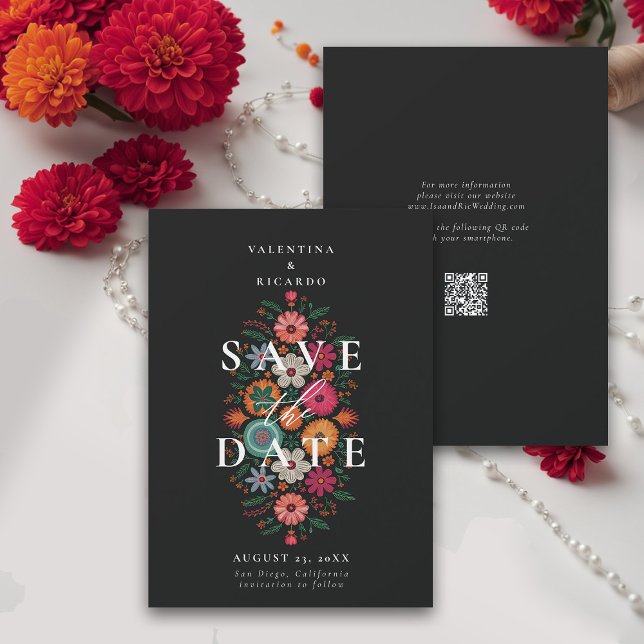 Mexican Rustic Modern Floral Rancho QR Wedding Save The Date (rancho mexican wedding save the date fiesta hacienda illustration floral elegant modern qr code)
