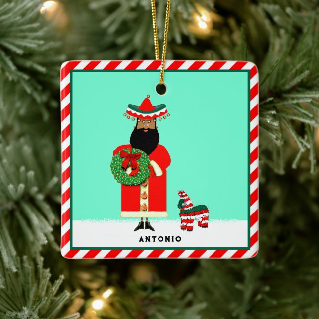 Mexican Santa Feliz Navidad Ceramic Ornament (Tree)