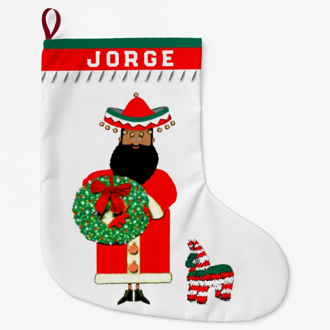 Mexican Santa Holiday Gift Large Christmas Stocking (Front)