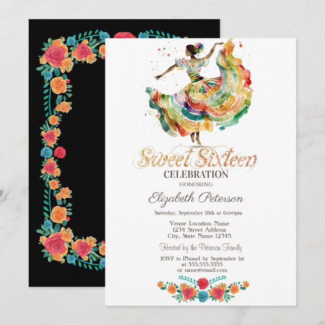 Mexican Senorita Fiesta Flowers Black Sweet 16   Invitation (Front/Back)