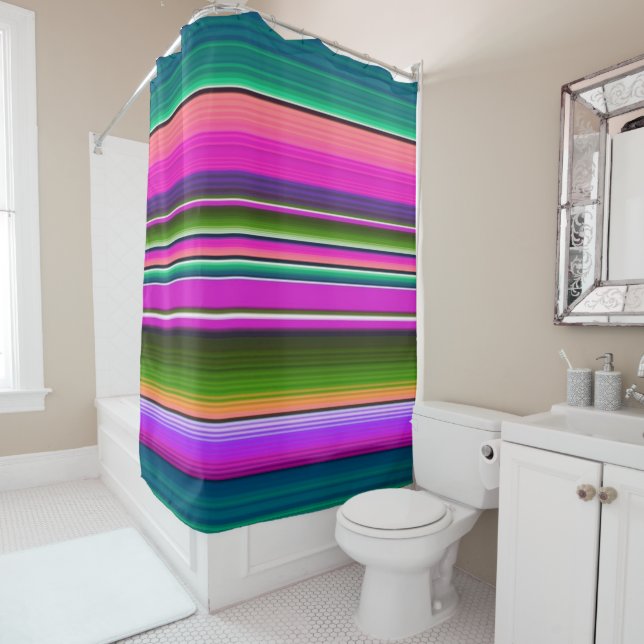 Mexican Serape Blanket Colourful Stripes Pink Teal Shower Curtain (In Situ)