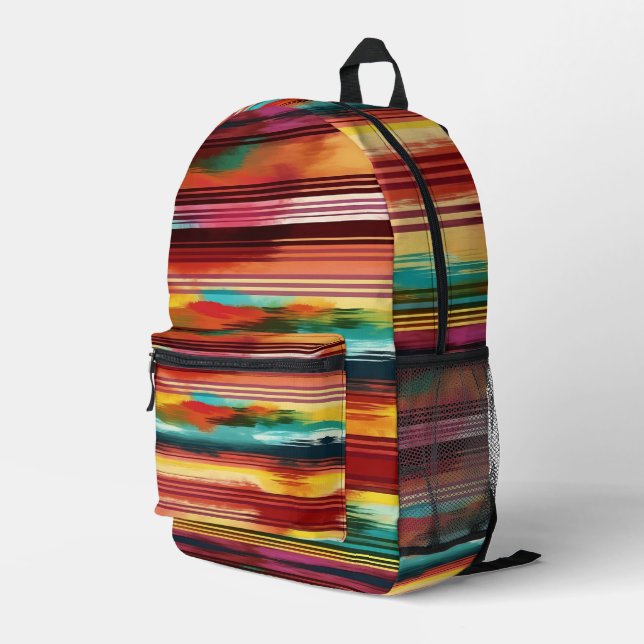 Mexican Serape Watercolor Colourful Stripes Printed Backpack (Back Corner Right)