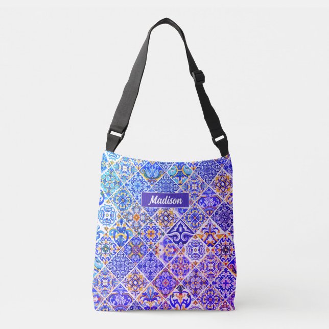 Mexican Sicilian Mediterranean purple blue tiles Crossbody Bag (Front)