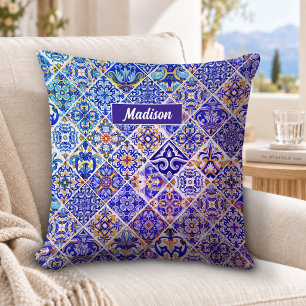 Mexican Sicilian Mediterranean purple blue tiles Cushion