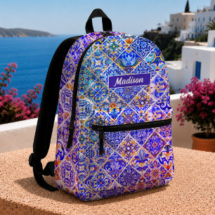 Mexican Sicilian Mediterranean Purple Blue Tiles Printed Backpack