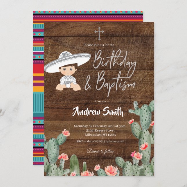 Mexican Silver Charro Birthday and Baptism Boy Invitation (Front/Back)