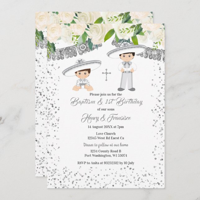 Mexican Silver Charro Boys Baptism and Birthday  Invitation (Front/Back)