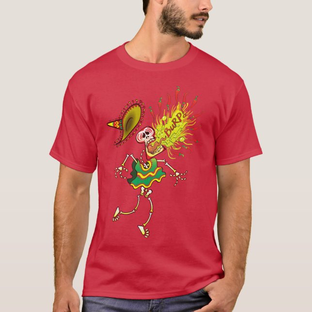 Mexican Skeleton Burping Hot Chilli Peppers T-Shirt (Front)