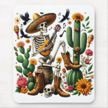 Mexican skeleton playing guitar among cacti