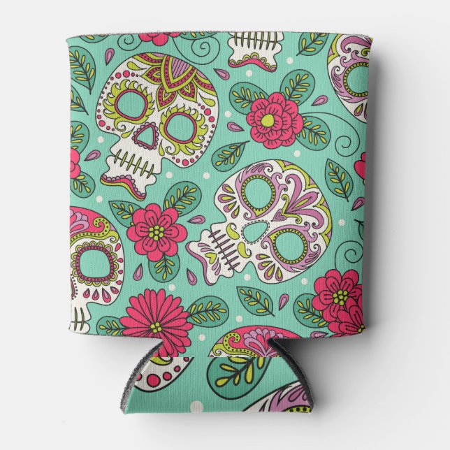 Mexican skull and flowers, seamless. can cooler (Front)