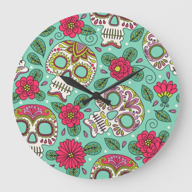 Mexican skull and flowers, seamless. large clock (Front)