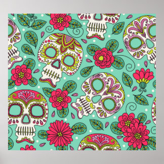 Mexican skull and flowers, seamless. poster