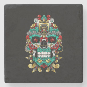 mexican skull art in huichol mood stone coaster