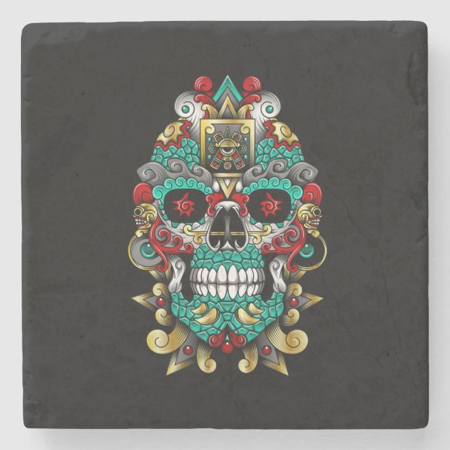 mexican skull art in huichol mood stone coaster (Front)
