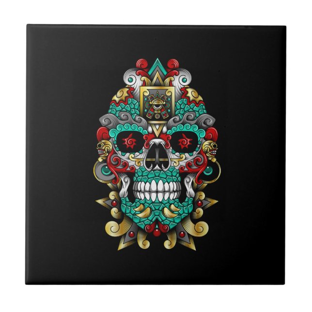 mexican skull art in huichol mood tile (Front)
