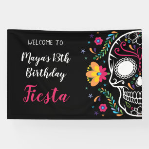 Mexican Skull Floral Fiesta Birthday Banner