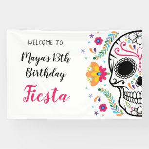 Mexican Skull Floral Fiesta Birthday Banner