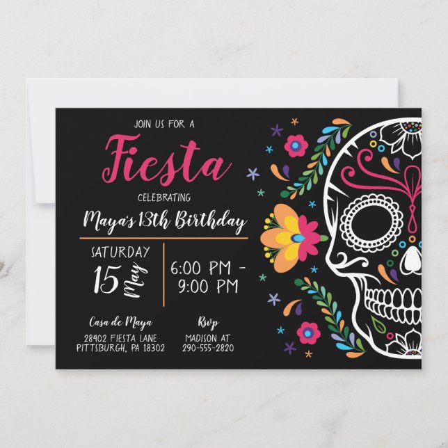 Mexican Skull Floral Fiesta Birthday Invitation (Front)