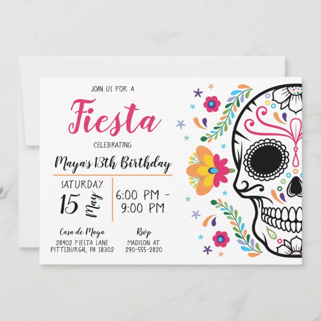 Mexican Skull Floral Fiesta Birthday Invitation (Front)