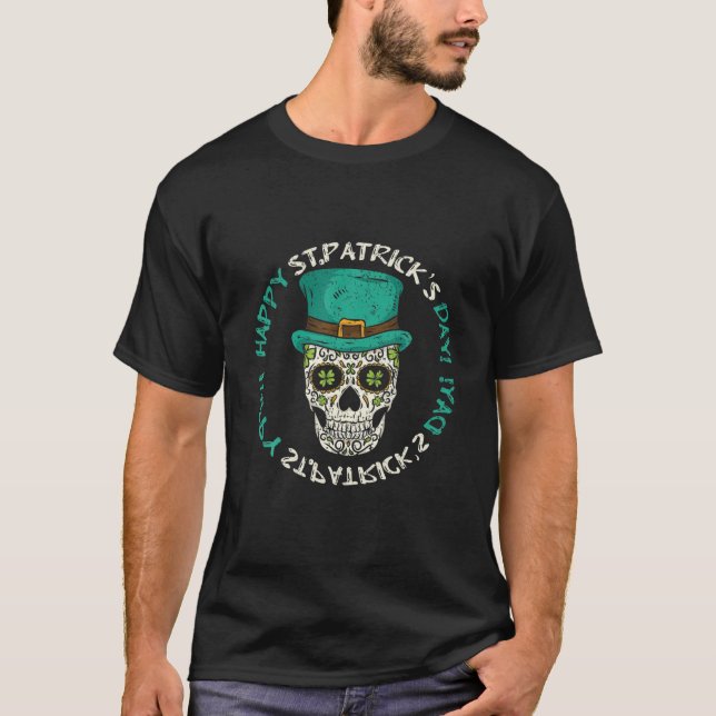 Mexican Skull With Shamrocks St. Patrick's Day Of T-Shirt (Front)