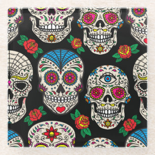 Mexican Skulls & Roses: Vintage Design Glass Coaster