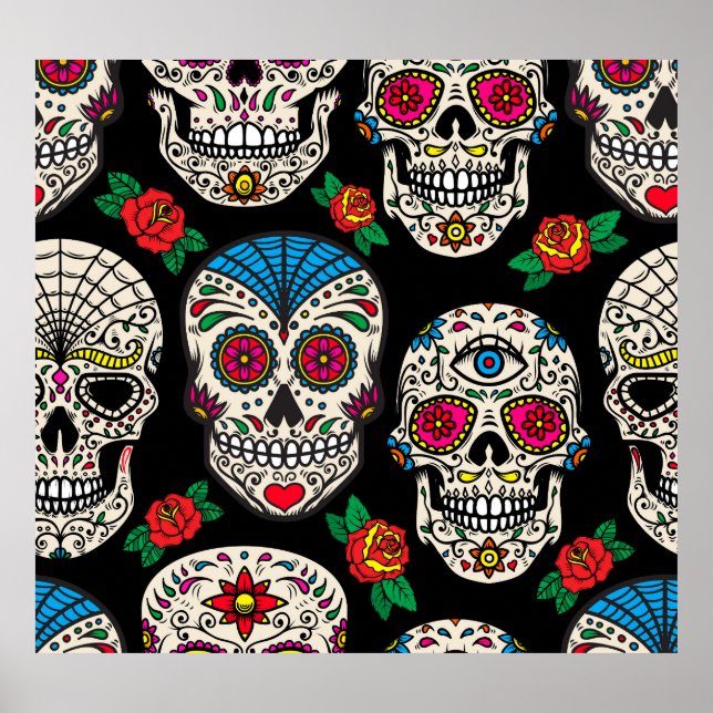 Mexican Skulls & Roses: Vintage Design Poster (Front)