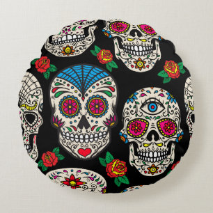 Mexican Skulls & Roses: Vintage Design Round Cushion