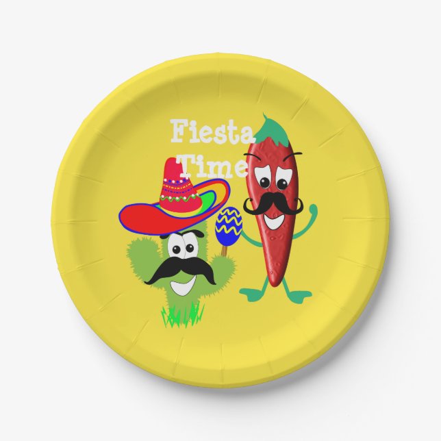 Mexican Sombrero Cactus Chilli Pepper Fiesta Party Paper Plate (Front)