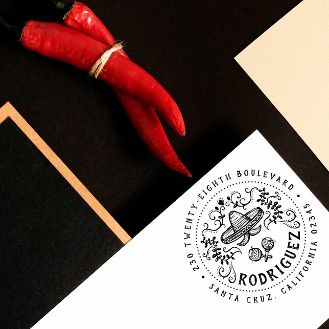 Mexican Sombrero Family Name Round Return Address Rubber Stamp (Creator Uploaded)