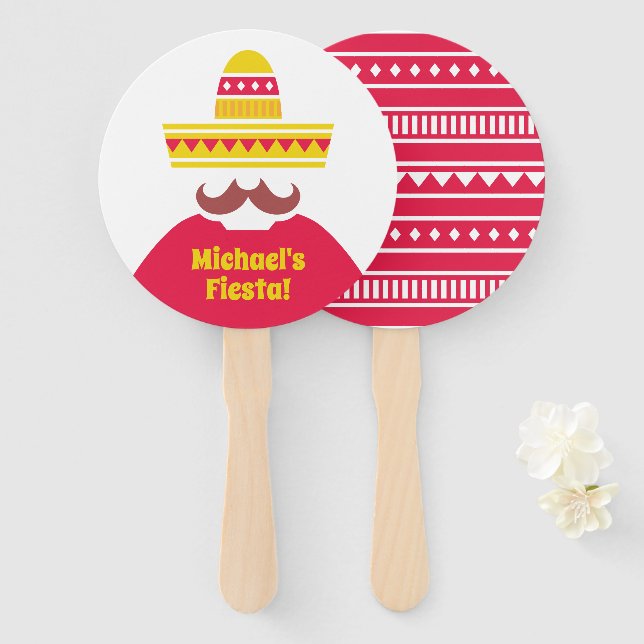 Mexican Sombrero Moustache Fiesta Party Hand Fan (Front and Back)