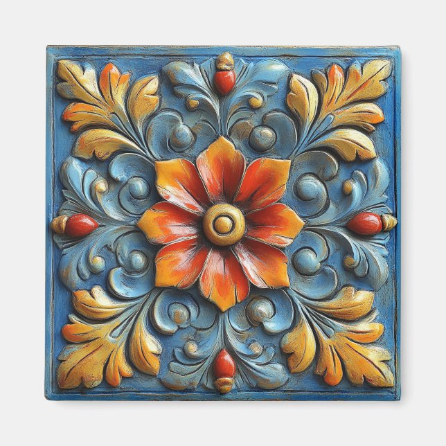 Mexican Spanish Floral Orange and Blue Magnet (Front)