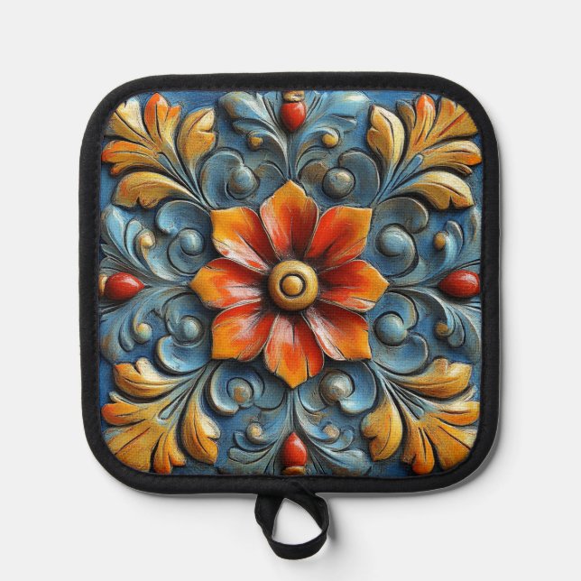 Mexican Spanish Floral Orange and Blue Pot Holder (Front)