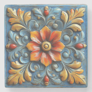 Mexican Spanish Floral Orange and Blue Stone Coaster