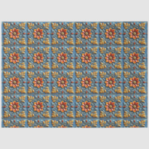 Mexican Spanish Floral Orange Blue Tile Pattern Tissue Paper