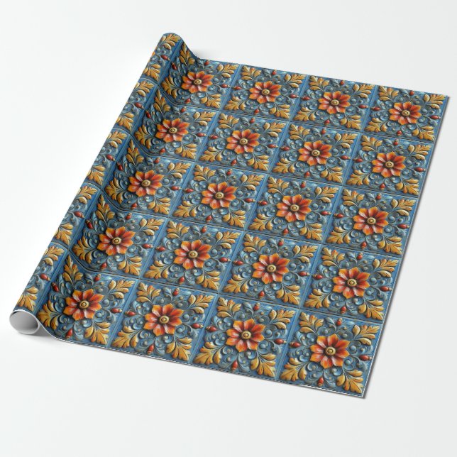 Mexican Spanish Floral Orange Blue Tile Pattern Wrapping Paper (Unrolled)