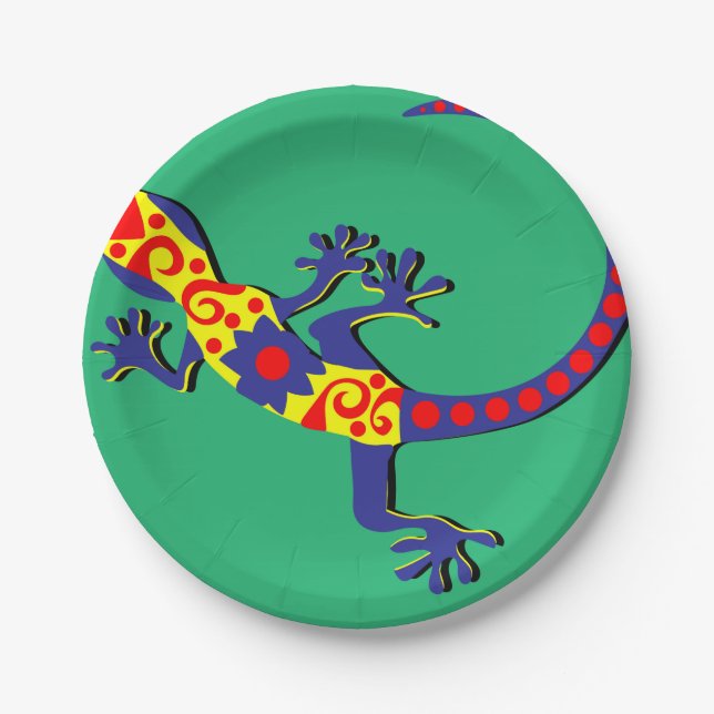 Mexican Style Blue, Yellow and Red Gecko Paper Plate (Front)