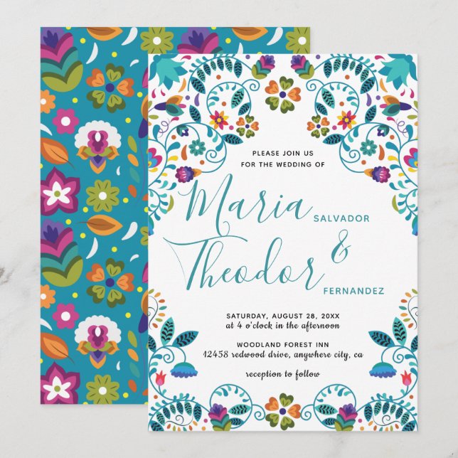 Mexican Style Floral Pattern Luxury Wedding Invitation (Front/Back)
