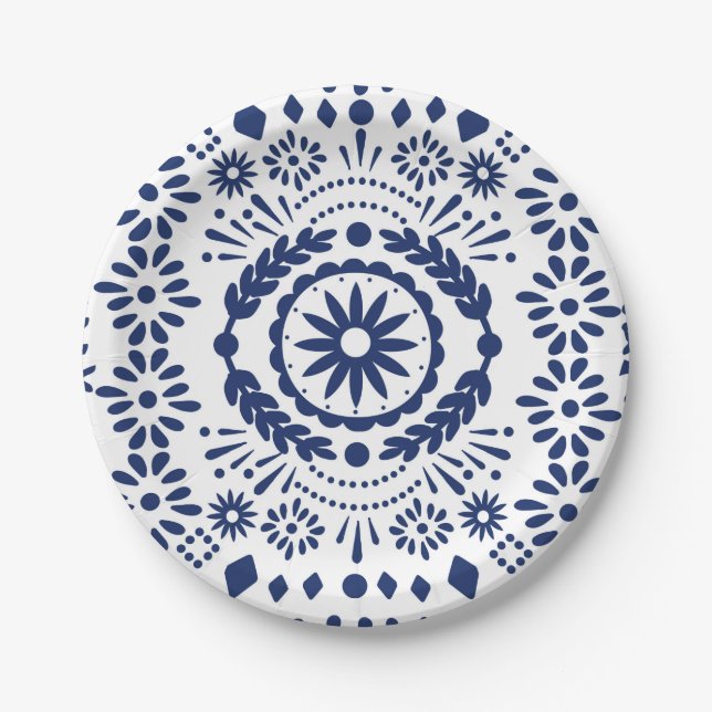 Mexican Style Papel Picado Navy Blue Paper Plate (Front)