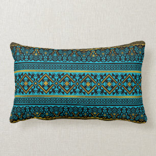 Mexican Style pattern - black, teal and gold Lumbar Cushion