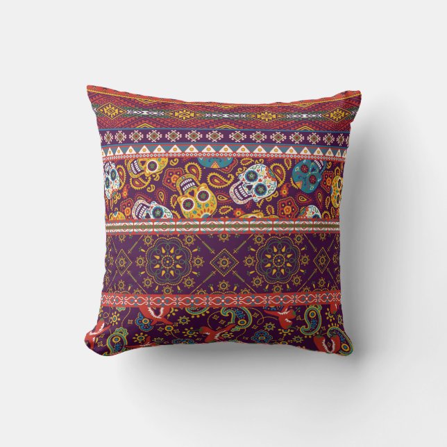Mexican style traditional fabric patchwork abstrac cushion (Front)