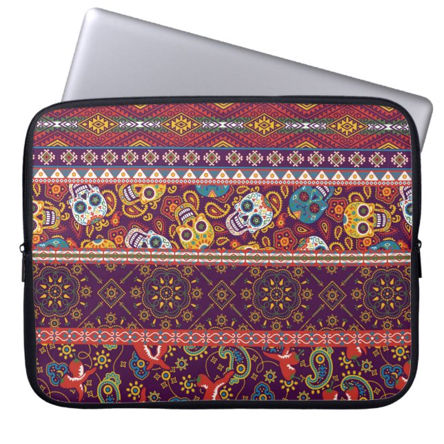 Mexican style traditional fabric patchwork abstrac laptop sleeve (Front)