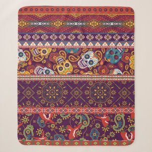 Mexican style traditional fabric patchwork abstrac sherpa blanket